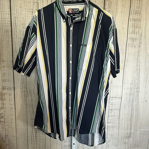 VTG Ralph Lauren Chaps Green Blue Striped Short Sleeve Button Up Shirt Size L - Picture 1 of 4